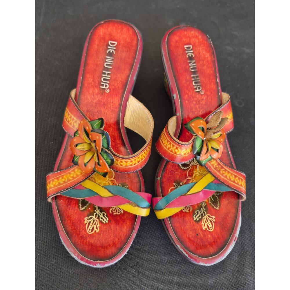 DIE NU HUA Leather Artisan Flat Sandals Women Size 5.5 Slip On